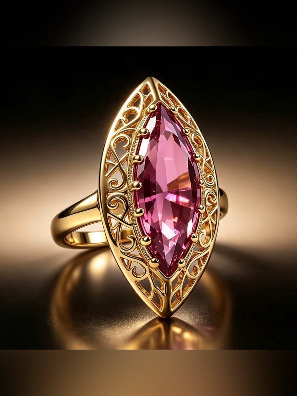 Gold Filed Filigree Ring with Marquise Pink Gem